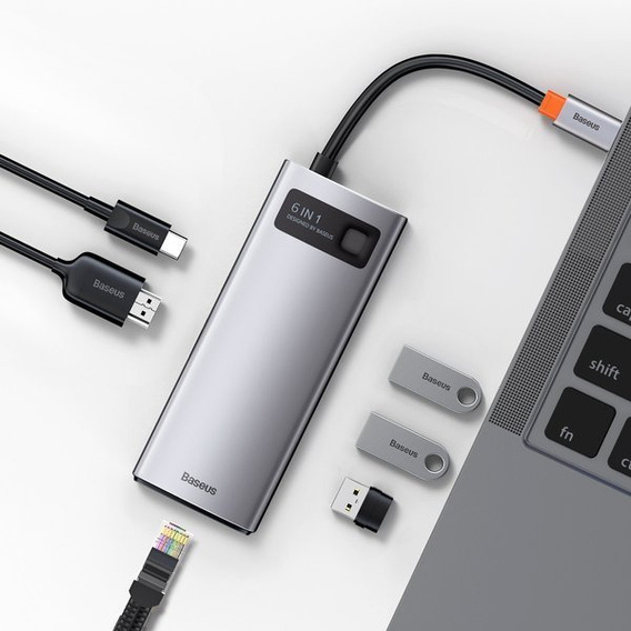 Baseus Metal Gleam Series 6-in-1 Multifunctional Type-C HUB (Type-C → HDMI*1 + USB 3.0*3 + PD*1 + RJ45*1) – szary