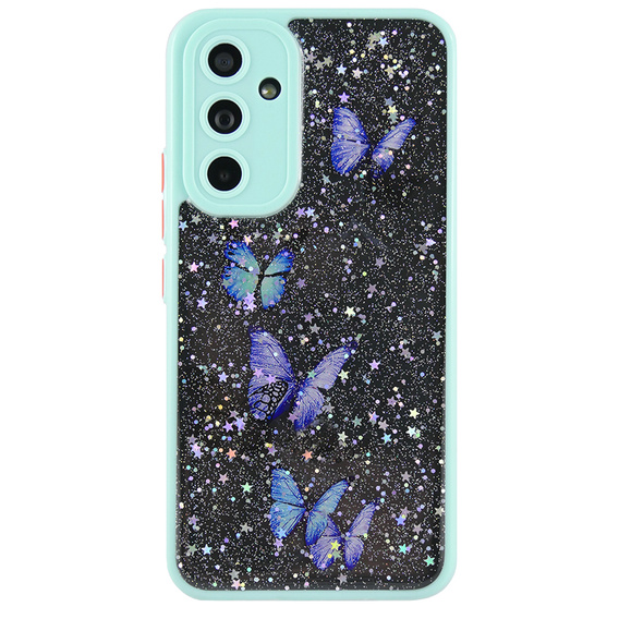 Etui do Samsung Galaxy A54 5G, Glitter butterflies, z ochroną aparatu, przezroczyste z niebieską ramką