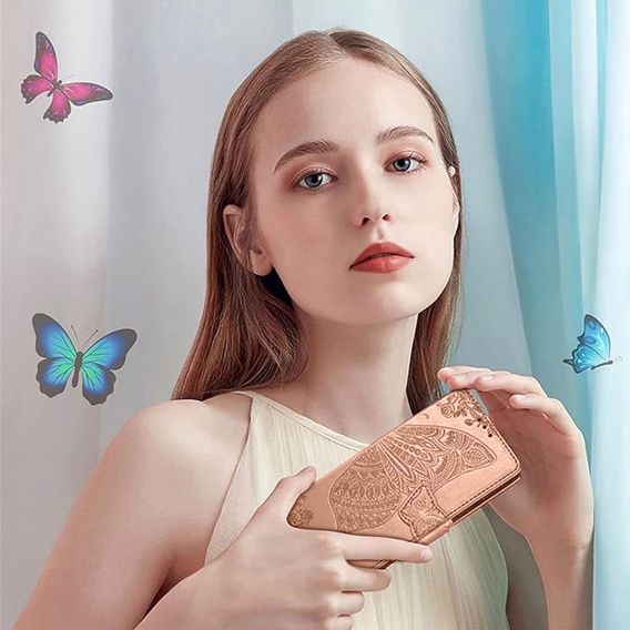 Etui z klapką do Xiaomi Poco F7 Ultra, Butterfly, różowe rose gold