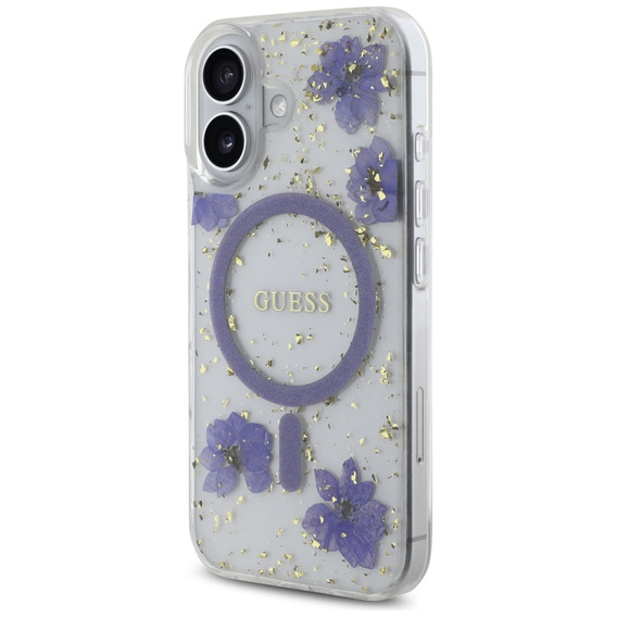 Etui GUESS do iPhone 16, Resin Flowers and Glitter, do MagSafe, fioletowe