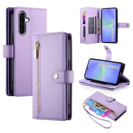 Etui z klapką do Samsung Galaxy A36 5G, Wallet Zipper Pocket, fioletowe