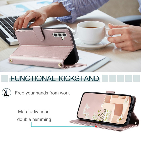 Etui z klapką do Samsung Galaxy S25 FE, Rhombus Crossbody Leather, różowe rose gold