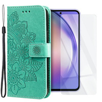 Zestaw Etui z klapką do Samsung Galaxy A54 5G, portfel Mandala i kwiaty, zielone + szkło