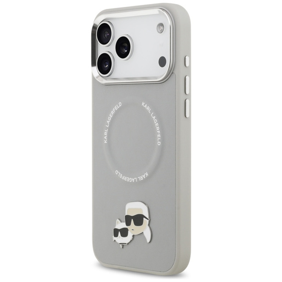Etui Karl Lagerfeld do iPhone 17 Pro, Karl & Choupette Pins MagSafe, szare