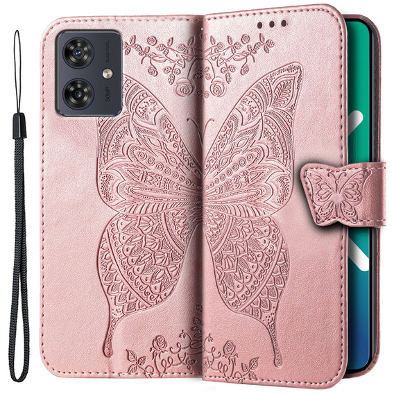 Etui z klapką do Motorola Moto G54 5G, Butterfly, różowe rose gold