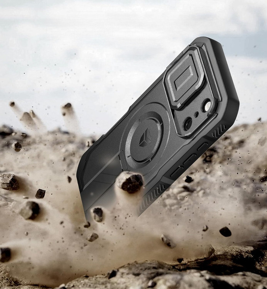 Etui Dexnor do iPhone 17 Pro Max z osłoną kamery i podstawką, do MagSafe - czarne (Dwie ramki)