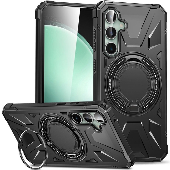 Etui do Samsung Galaxy S23 FE, pancerne z podstawką i blaszką do uchwytu, czarne