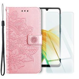 Zestaw Etui z klapką do Samsung Galaxy A33 5G, Mandala i kwiaty, różowe rose gold + szkło