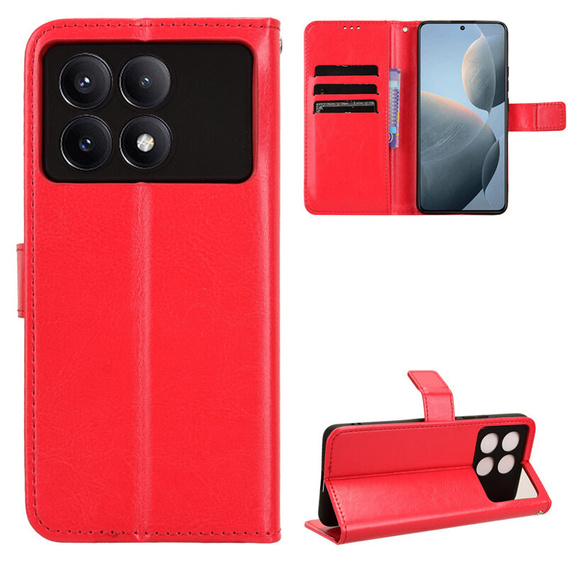 Etui z klapką do Xiaomi Poco F6 Pro, Crazy Horse Wallet, czerwone