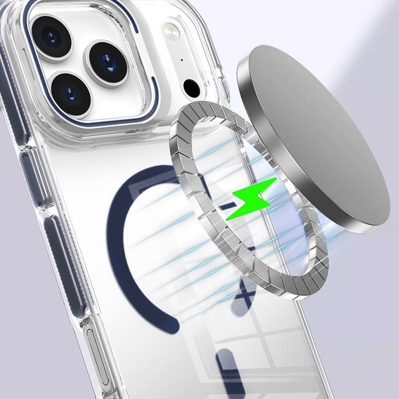 Etui do iPhone 17 Pro, do MagSafe, z podstawką, przezroczyste z granatowymi akcentami