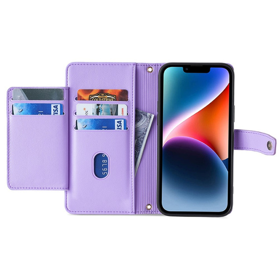 Etui z klapką do iPhone 15 Pro Max, Wallet Zipper Pocket, fioletowe