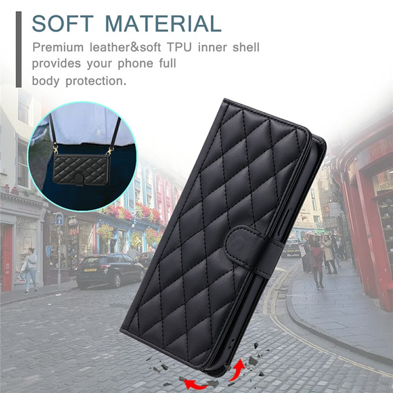 Etui z klapką do Samsung Galaxy S25 FE, Rhombus Crossbody Leather, czarne