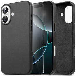 Etui skórzane do iPhone 16, ERBORD Leather MagSafe, czarne + Szkło na ekran