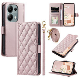 Etui z klapką do Xiaomi Redmi Note 13 Pro 4G / Xiaomi Redmi Note 14S / Xiaomi Poco M6 Pro 4G, Rhombus Crossbody Leather, różowe rose gold