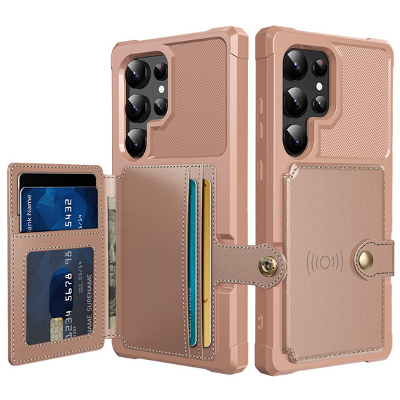 Etui do Samsung Galaxy S25 Ultra z kieszenią na karty, zapięciem na napę – różowe