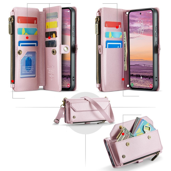 Etui portfelowe z zamkiem i paskami do Samsung Galaxy S25 Edge – praktyczność i styl w jednym - różowe