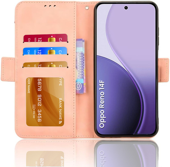 Etui z klapką do Oppo Reno 14 F / 14 FS, Card Slot, różowe