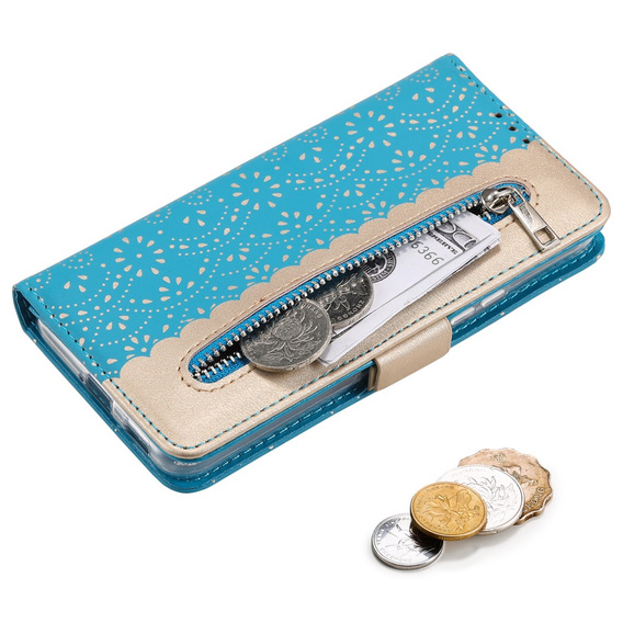 Etui z klapką do Samsung Galaxy S22+ Plus 5G, Wallet Pocket Zipper Lace, niebieskie