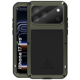 Etui Love Mei do iPhone 17 Pro, pancerne ze szkłem, zielone