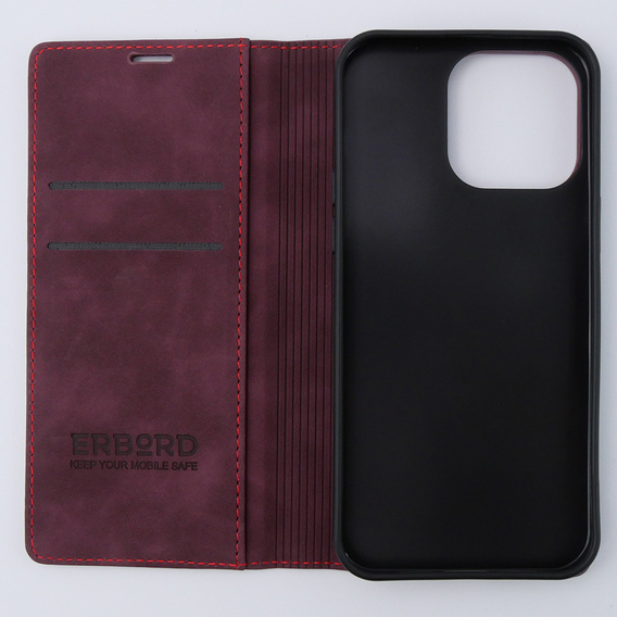 Etui do iPhone 15 Pro Max, ERBORD Vintage portfel z klapką, czerwone