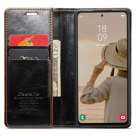 Etui z klapką CASEME do Samsung Galaxy A53 5G, Waxy Textured, czarne / brązowe