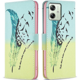 Etui z klapką do Motorola Moto G54 5G, Wallet, Feather niebieskie / żółte