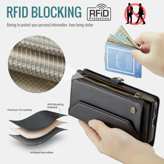 Etui CASEME do Samsung Galaxy S25 FE, RFID Leather Wallet, z paskiem na ramię, czarne