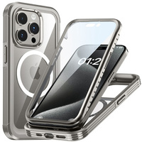 Etui do iPhone 15 Pro Max, Pancerne Full Protect 360° do MagSafe, szkło na ekran, szare