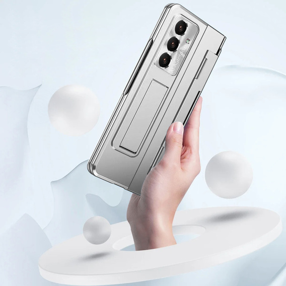 Etui z podstawką do Samsung Galaxy Z Fold7 5G, z ochroną zawiasu, szkłem i rysikiem - srebrne