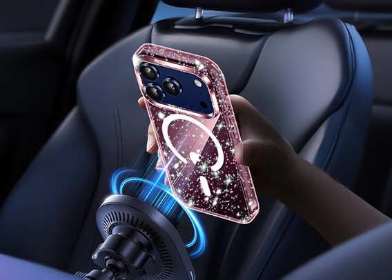 Etui do iPhone 17 Pro, do MagSafe, brokatowe, półprzezroczyste różowe
