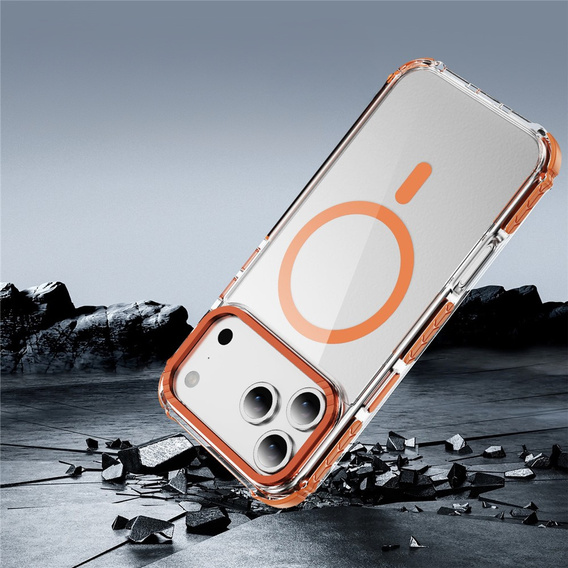 Etui pancerne do iPhone 17 Pro Max, do MagSafe, przezroczyste z pomarańczową ramką
