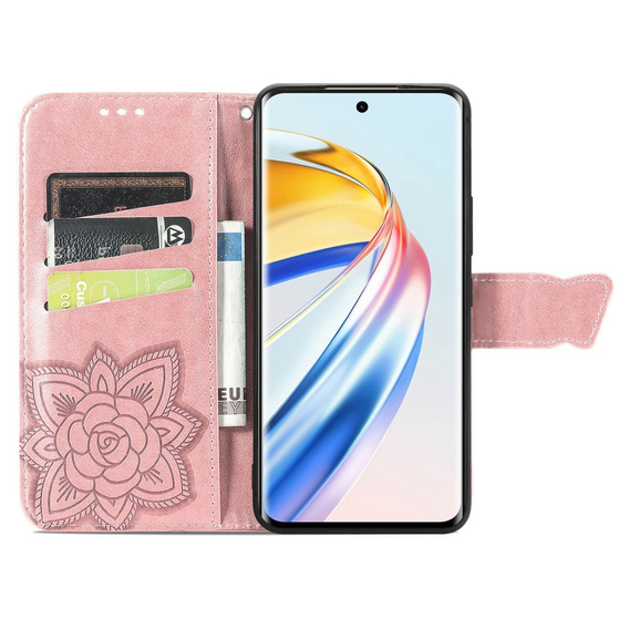 Etui z klapką do Honor Magic 6 Lite 5G, Butterfly, różowe rose gold