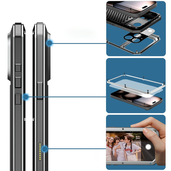 Etui do iPhone 17 Pro, pancerne, z wbudowanym szkłem, srebrne