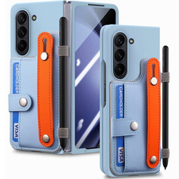 Etui skórzane do Samsung Galaxy Z Fold6 5G, z podstawką i szkłem, niebieskie