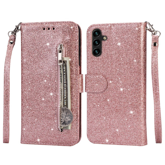 Etui z klapką do Samsung Galaxy A35 5G, Wallet Zipper Pocket Glittery, różowe rose gold