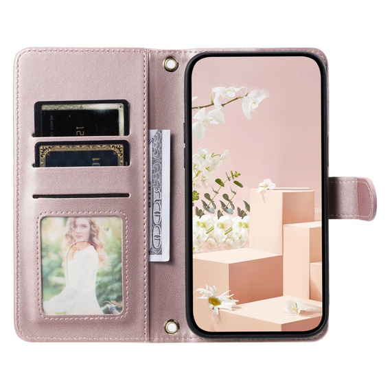 Etui z klapką do Samsung Galaxy S25, Rhombus Crossbody Leather, różowe rose gold