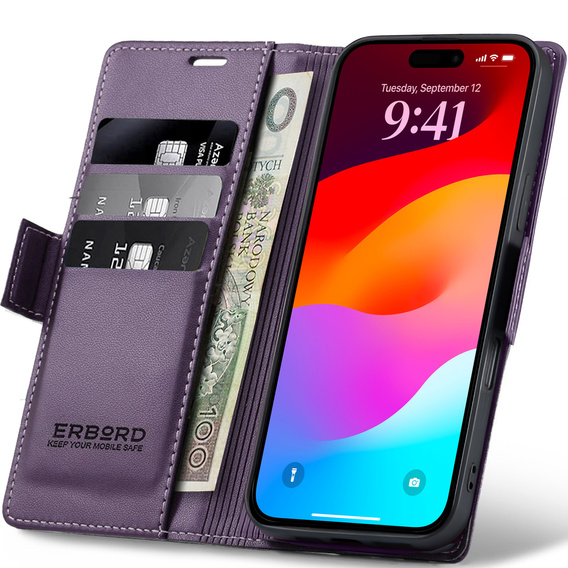 Etui do iPhone 17 Pro, ERBORD Glossy Litchi, portfel z klapką, fioletowe