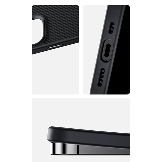 Etui BENKS Kevlar Armor PRO do iPhone 16 Pro, Carbon Fiber 600D D065, do MagSafe, aktywny przycisk – czarne