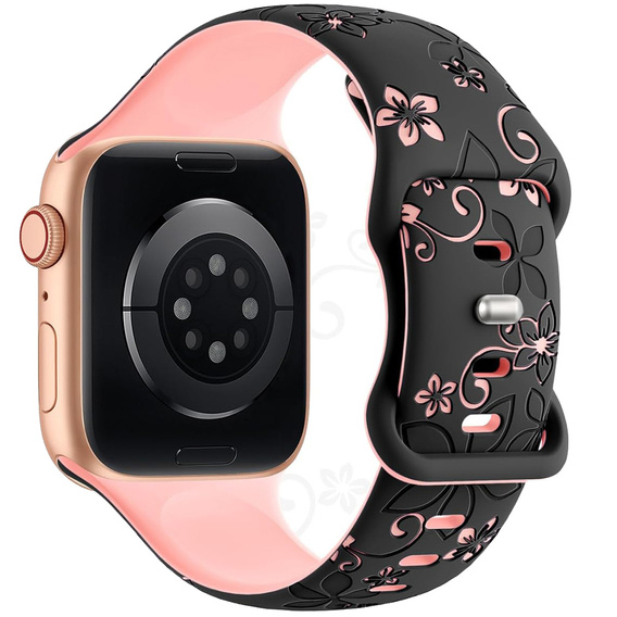 Pasek Silikonowy do Apple Watch 1/2/3/4/5/6/7/8/9/10/11/SE 38/40/41/42mm, Floral, Czarny / Różowy