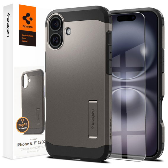 Etui Spigen do iPhone 16, Tough Armor Mag MagSafe, szare + Szkło Hartowane 9H
