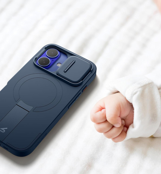 SURITCH Magnetyczne etui ochronne do iPhone 16 z osłoną kamery i podstawką - niebieskie