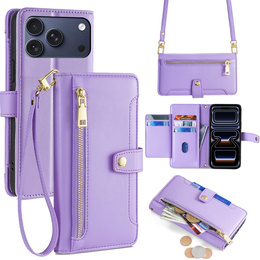 Etui z klapką do iPhone 17 Pro, Wallet Zipper Pocket, fioletowe
