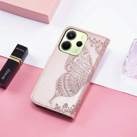 Etui z klapką do Xiaomi Redmi Note 14 4G, Butterfly, różowe rose gold