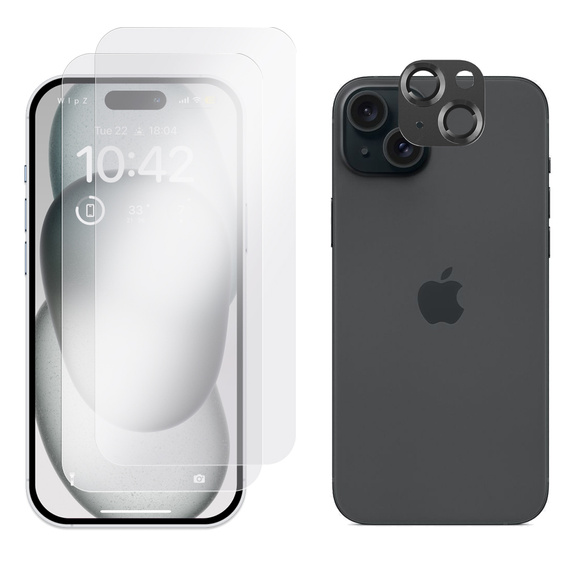 2x Szkło + szybka na aparat czarna do iPhone 15 Plus, ERBORD Hartowane 9H
