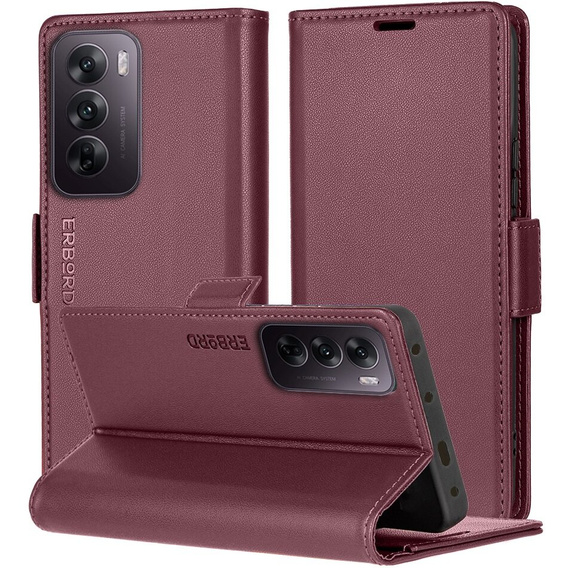 Etui do Oppo Reno 12 Pro, ERBORD Glossy Litchi, portfel z klapką, czerwone