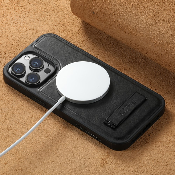 Etui Suteni MagSafe do iPhone 15 Pro – czarne, skórzane, magnetyczne, z funkcją podstawki