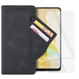 Zestaw Etui do Oppo Reno8 T, portfel z klapką Card Slot, Czarne + Szkło