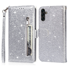 Etui z klapką do Samsung Galaxy A36 5G, Wallet Zipper Pocket Glittery, srebrne