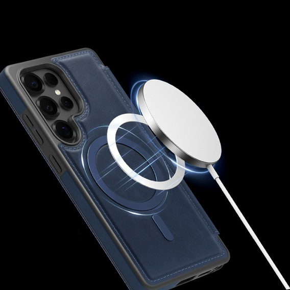 Skórzane etui do Samsung Galaxy S25 Ultra z MagSafe i blokadą RFID – Ciemnoniebieskie