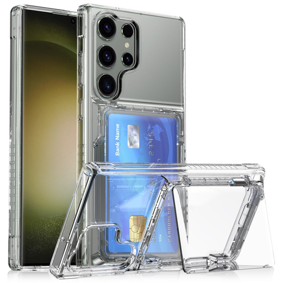 Przezroczyste etui do Samsung Galaxy S25 Ultra – PC + TPU, z kieszonką na kartę i funkcją podstawki